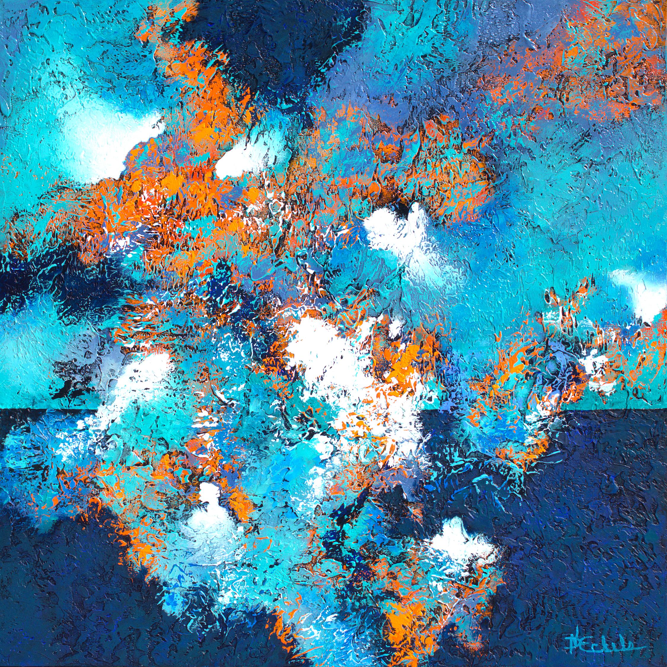 Nancy Eckels Abstract Painting - "Hidden Source" mixed media abstract painting with textural aquas and blues