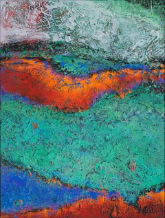 "Island Heat" by Nancy Eckels abstract painting with textural blues and greens
