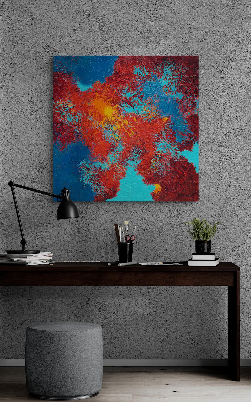 « Joyful Light », technique mixte abstraite avec des bleus, oranges et rouges texturés en vente 3