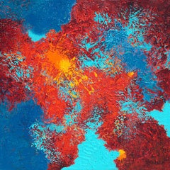 "Joyful Light" mixed media abstract with textural blues, orange, and reds