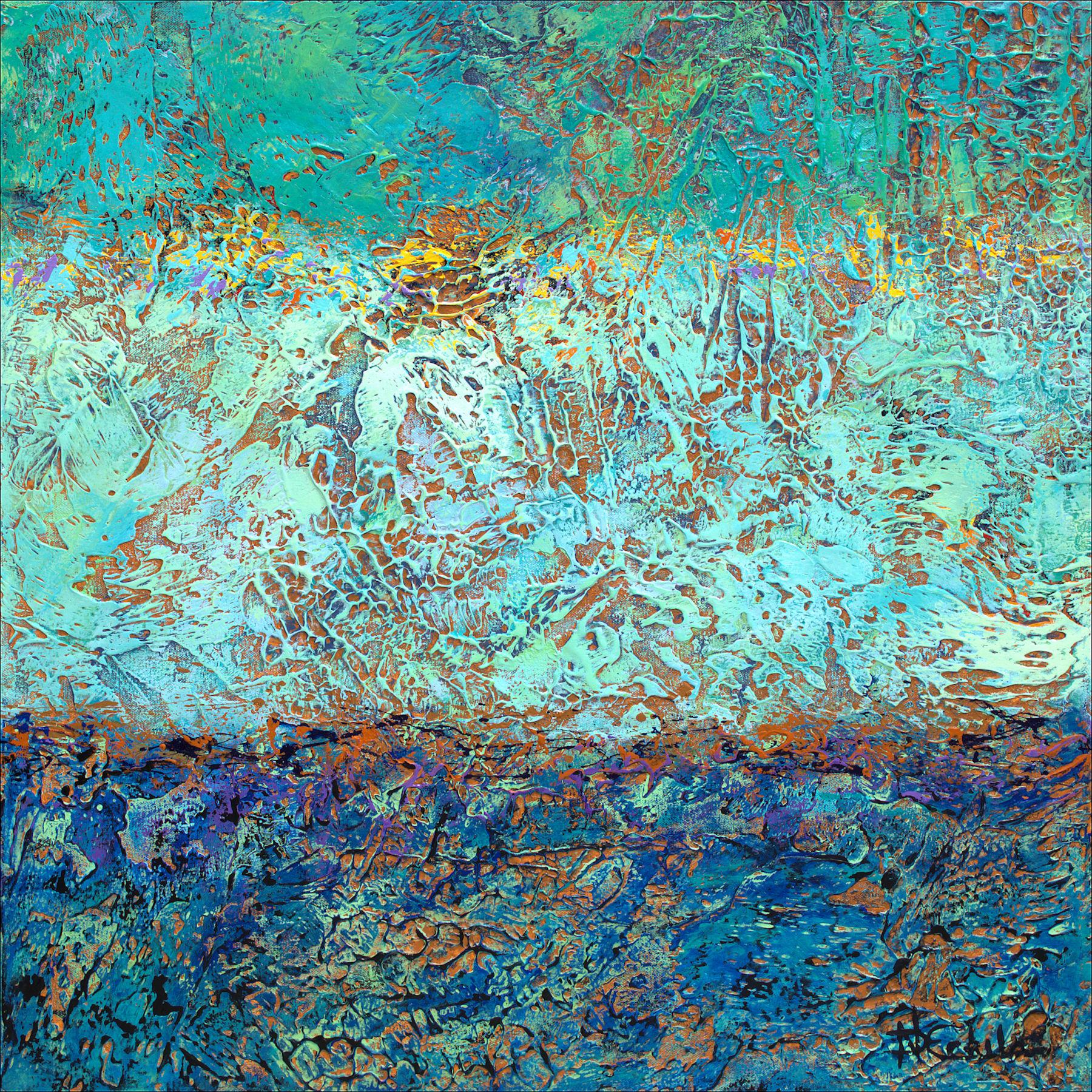 "Laguna Layers" Mixed Media abstract with textural greens, blues and whites - Mixed Media Art by Nancy Eckels