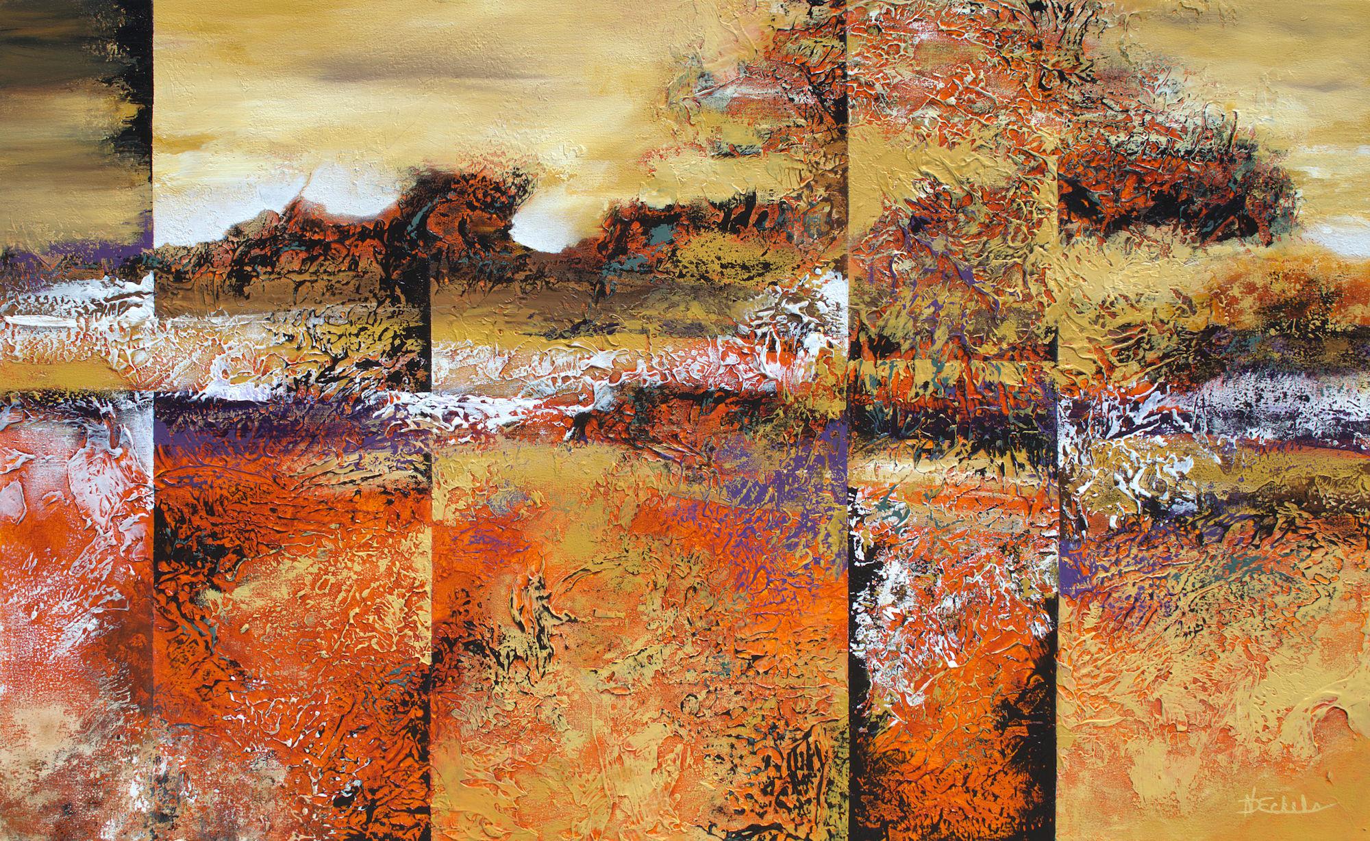 Nancy Eckels Abstract Painting - "Landscape Prism" large abstract painting with textural golds, black and oranges