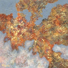 "Late Fall"" Mixed Media abstract with textural reds, blues and orange