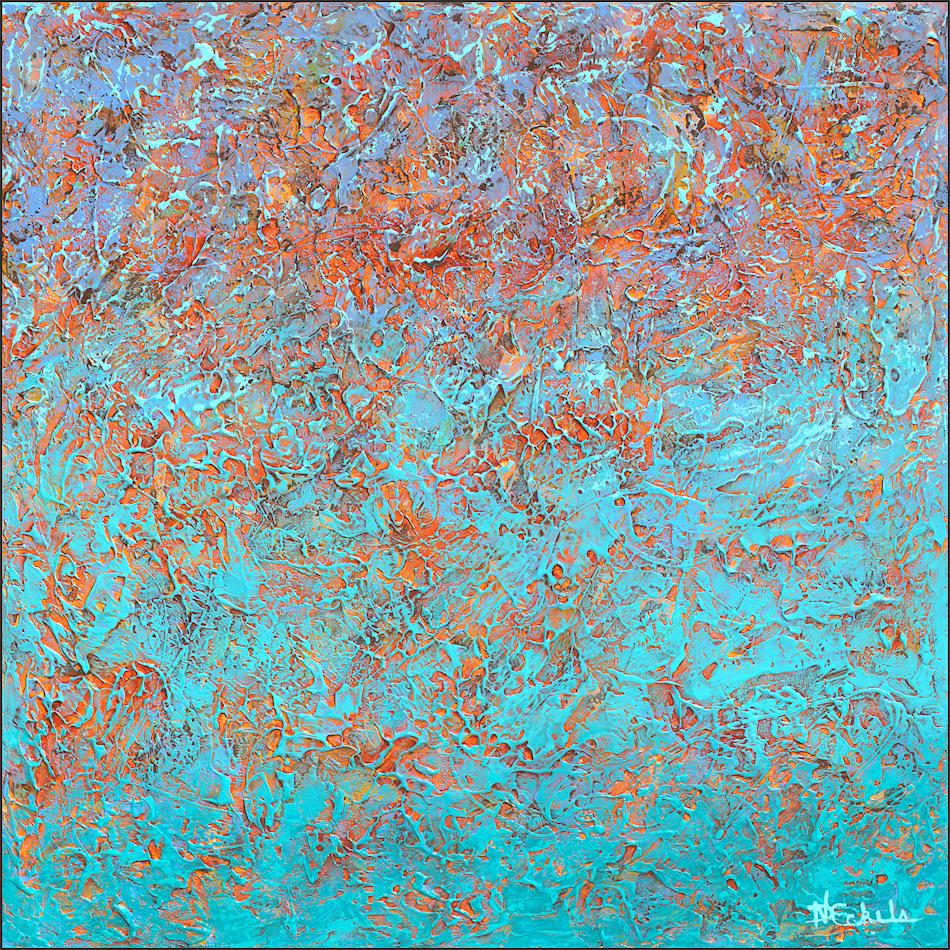 "Lava Sea", tecnica mista astratta con colori pastello blu, arancione e lavanda. - Mixed Media Art di Nancy Eckels