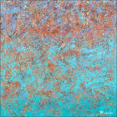 "Lava Sea" mixed media abstract with textural pastel blues, orange, and lavender