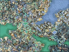"Liquid BlueGreen" Mixed Media abstract with textural greens, blues, and gold