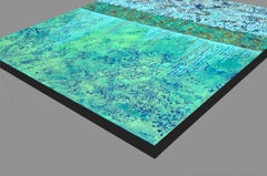 "Liquid Treasure" Mixed Media abstract with textural blues, teal, metallic gold