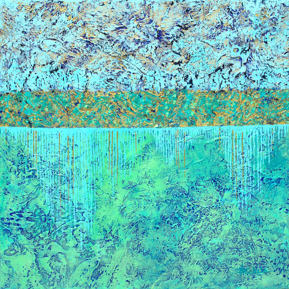 Nancy Eckels Abstract Painting - "Liquid Treasure" Mixed Media abstract with textural blues, teal, metallic gold