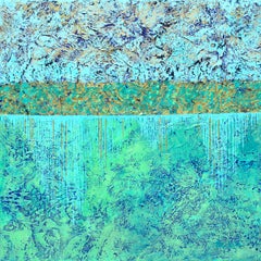 "Liquid Treasure" Mixed Media abstract with textural blues, teal, metallic gold