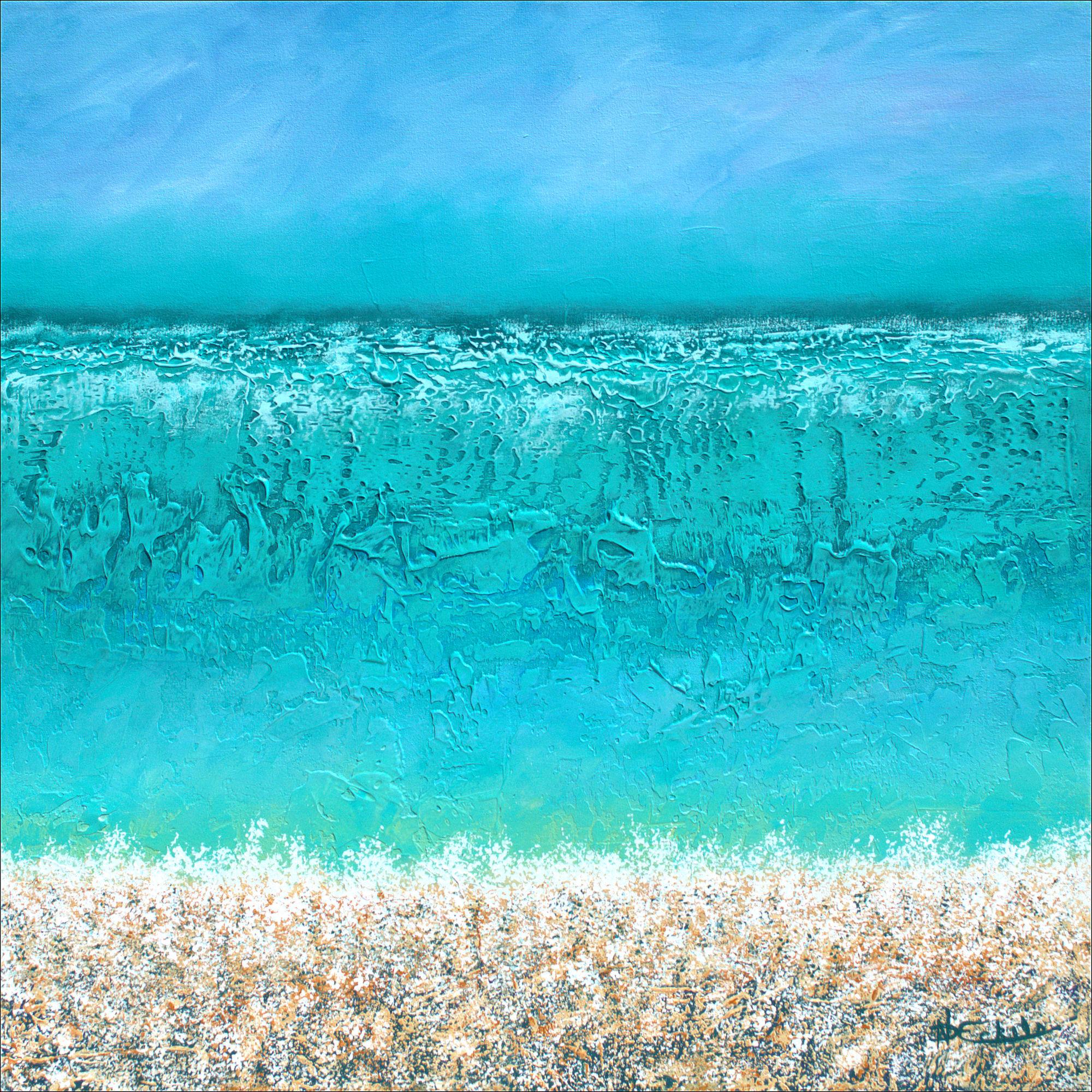 "Lost Horizon" Mixed Media abstract with textural greens, blues and tans - Mixed Media Art by Nancy Eckels