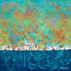 Peinture abstraite « Kind' Me Smile » de Nancy Eckels avec texture et bleu-vert