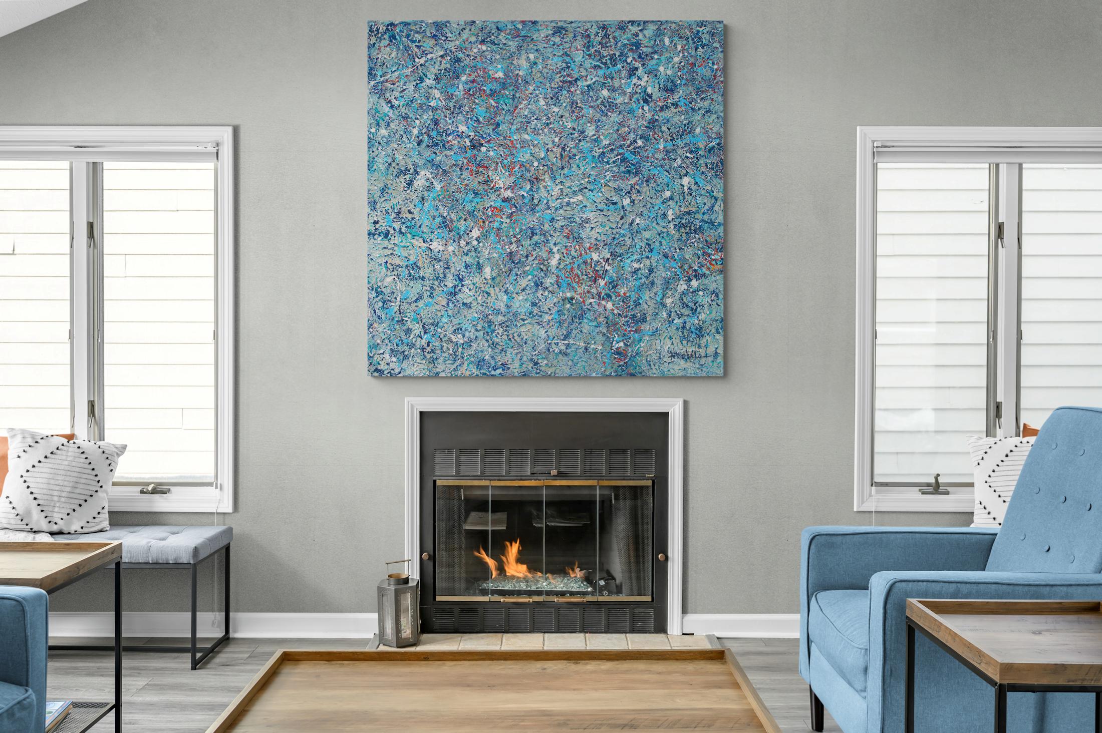 „Making A Splash“ Abstrakte Mischtechniken mit Textur in Blau, Weiß und Aqua – Painting von Nancy Eckels