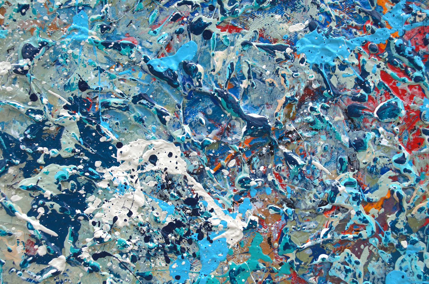 „Making A Splash“ Abstrakte Mischtechniken mit Textur in Blau, Weiß und Aqua (Abstrakter Expressionismus), Painting, von Nancy Eckels