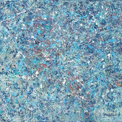 "Making A Splash" mixed media abstract with textural blues, white, and aqua