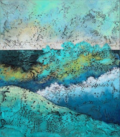 "March To The Beach" Mixed Media abstract with textural greens, blues and whites