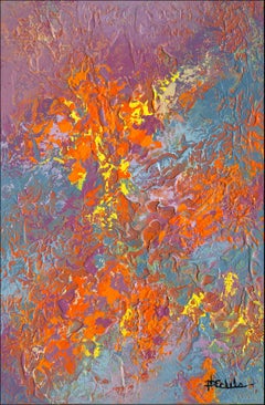 "Moment of Warmth Mixed Media abstract with textural reds, orange, blues, purples