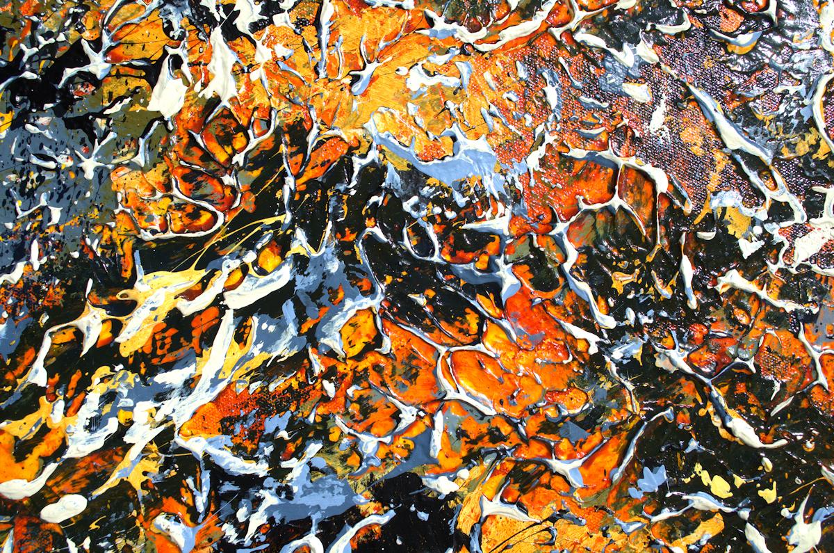 „Morning Blender Triptychon“  abstrakt mit Textur  Orange, Schwarz und Lavendel (Abstrakter Expressionismus), Painting, von Nancy Eckels