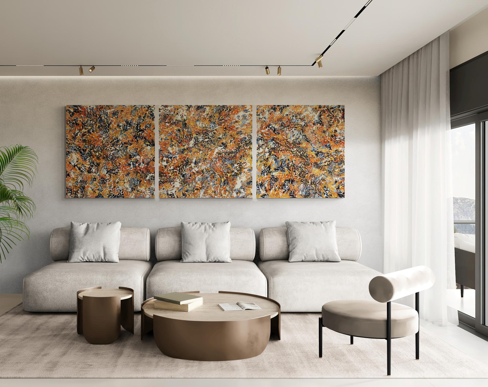 „Morning Blender Triptychon“  abstrakt mit Textur  Orange, Schwarz und Lavendel im Angebot 1