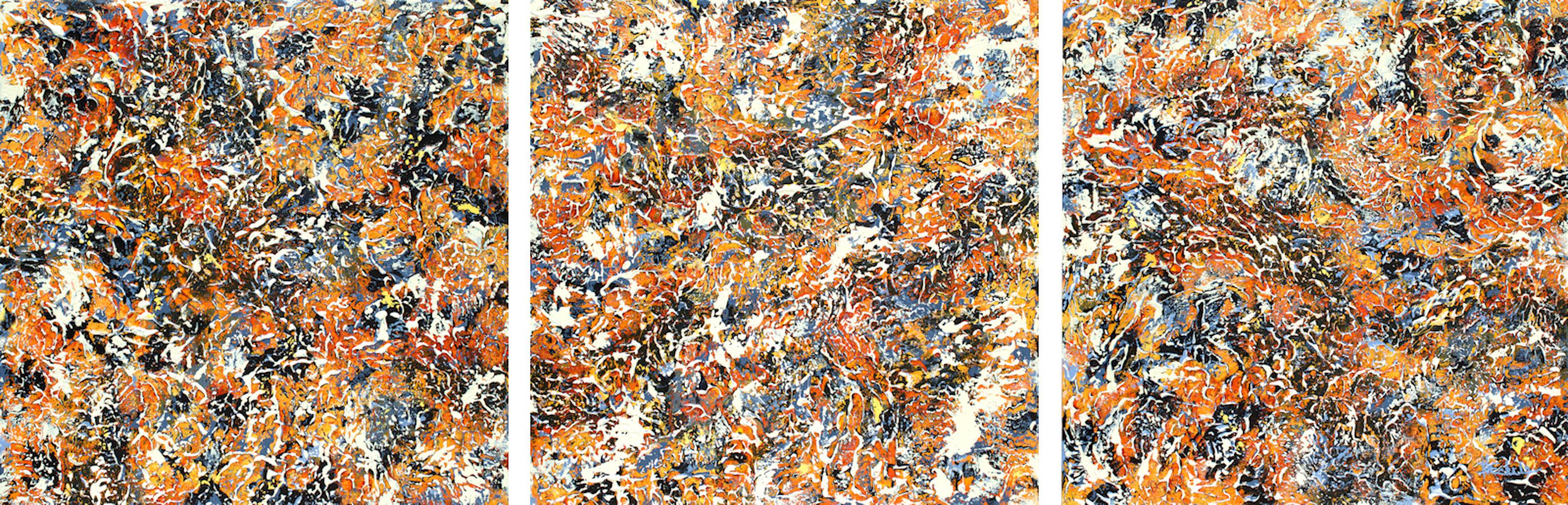 Nancy Eckels Abstract Painting – „Morning Blender Triptychon“  abstrakt mit Textur  Orange, Schwarz und Lavendel