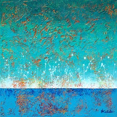 "Morning Splash" Mixed Media abstract with textural blues, teal, metallic gold