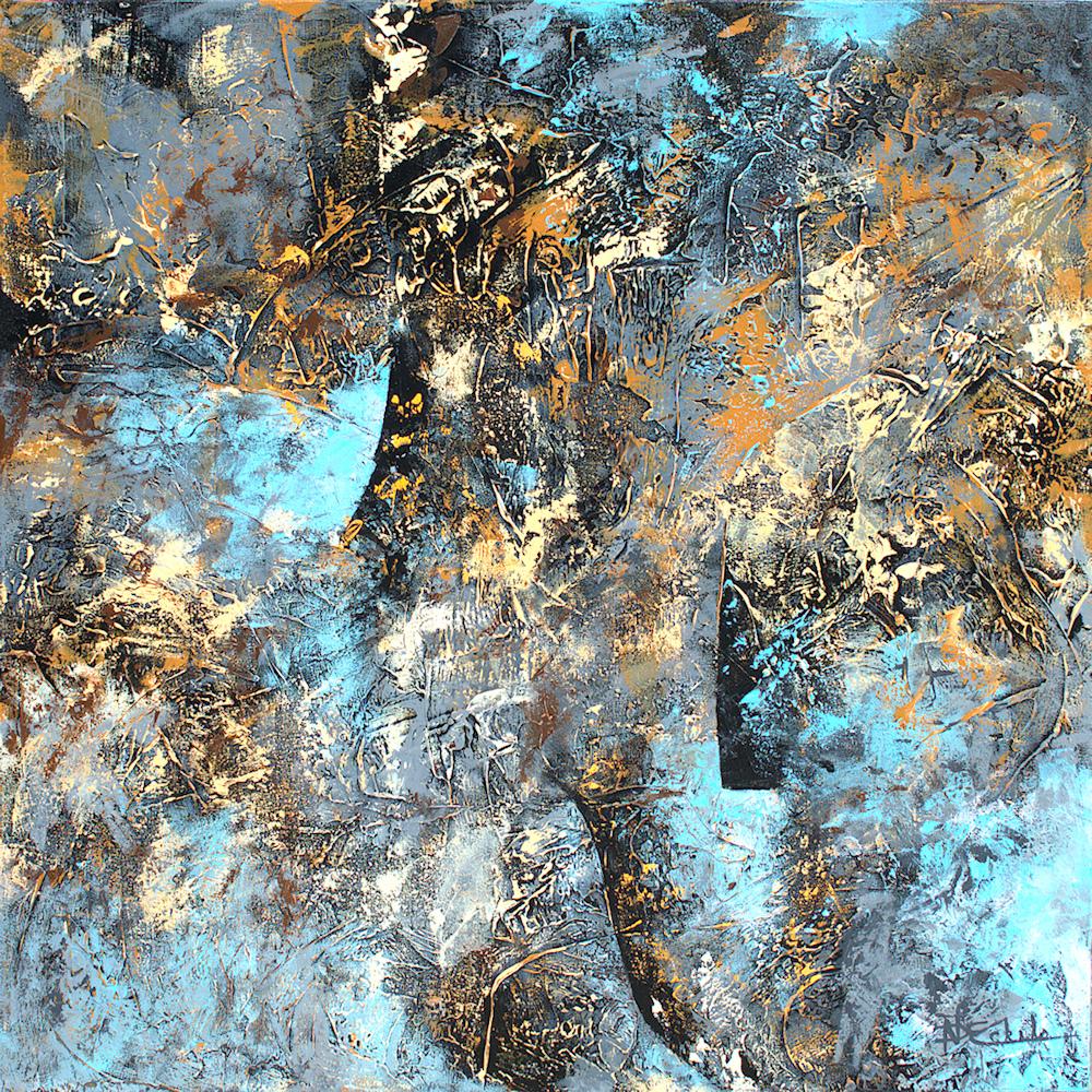 Abstract Painting di Nancy Eckels - "Luna misteriosa" tecnica mista astratta con texture blu, oro e nero