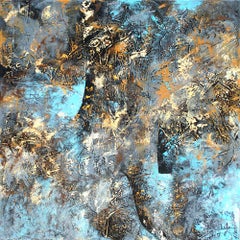 "Mysterious Moon" mixed media abstract w/ textural blues, golds, and black