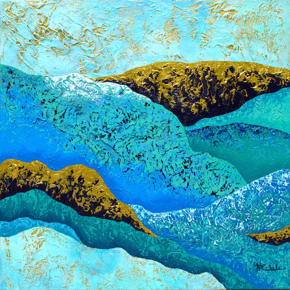 Nancy Eckels Abstract Painting - "Natures Curves" bold abstract with textural rich blues, teal, aqua, gold