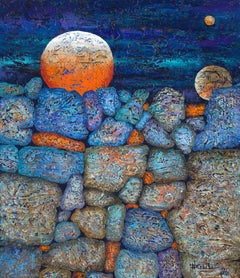 "Night and Day Mixed Media abstract with textural purples, blues and oranges