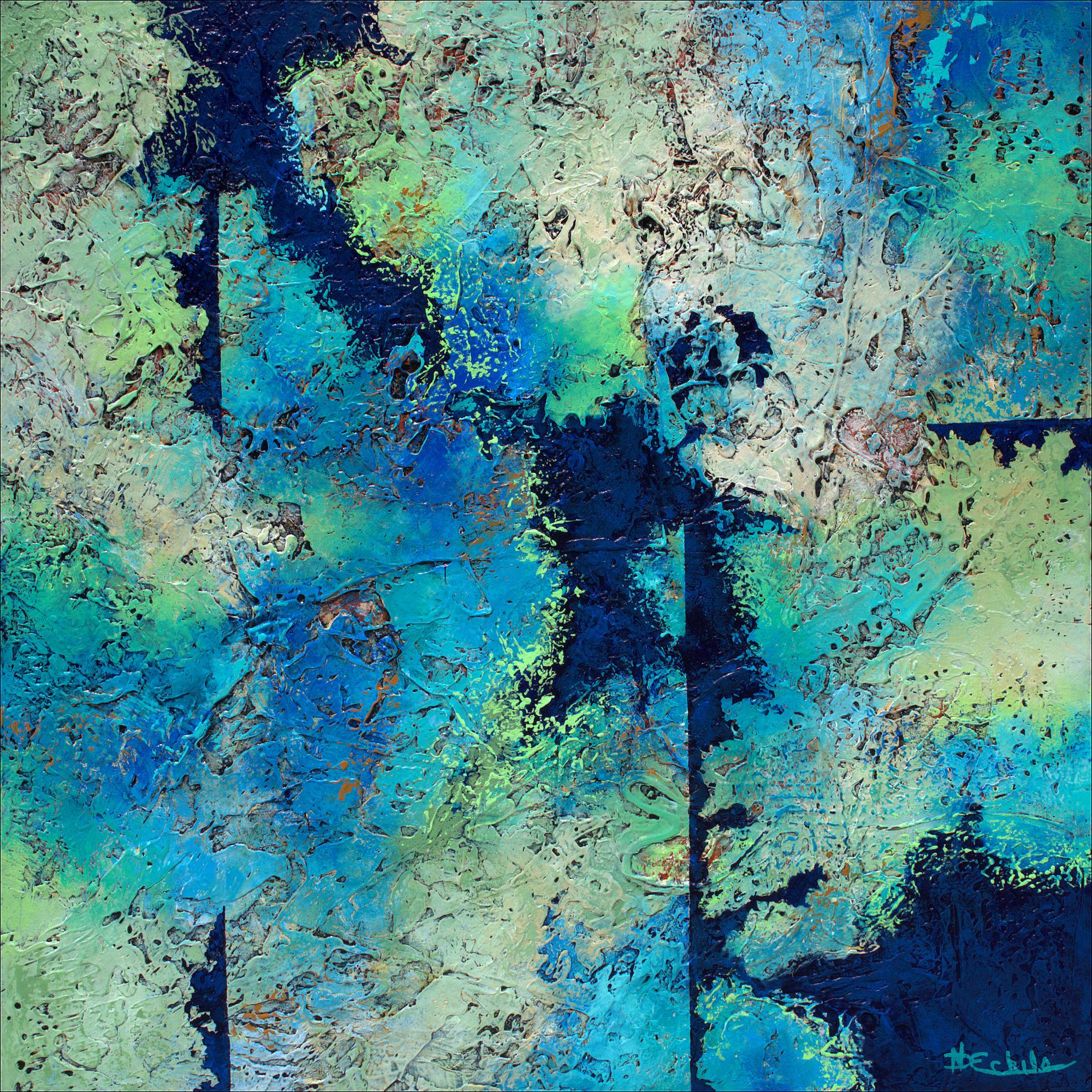 "Ocean Bits" Mixed Media abstract with textural greens, blues and aqua - Mixed Media Art by Nancy Eckels