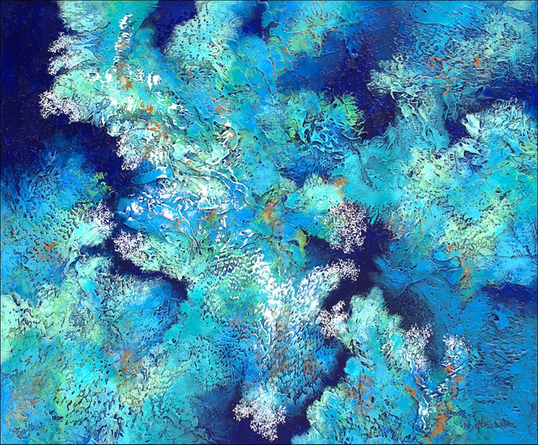   Exhibiting the bold colors and textures that her work is known for, "Ocean Envy" is a beautiful abstract painting by Nancy Eckels. Using sculptural texture with beautiful sea greens and blues, contrasted with flowing textures and white and gold