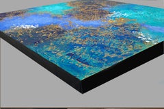 "Ocean Highlights" Mixed Media abstract with textural greens, blues, gold metallic