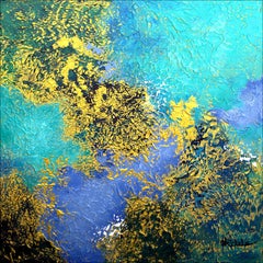 "Ocean Highlights" Mixed Media abstract with textural greens, blues, gold metallic