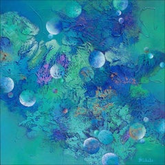 "Ocean Orbs" by Nancy Eckels large abstract painting with textural blue-greens