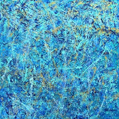 "Ocean Spray" mixed media abstract with textural blues, metallic gold, and aquas