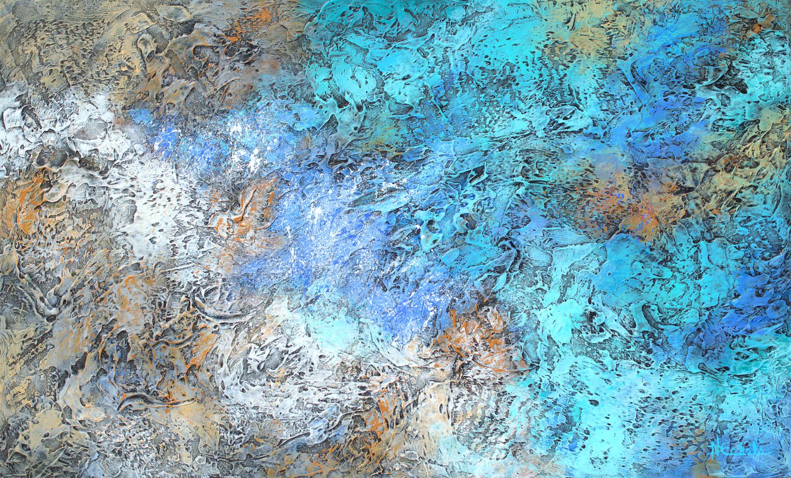 „Ocean's Edge“ Mixed Media mit strukturierten satten Blautönen, Teal, Grautönen, Aqua und Gold – Mixed Media Art von Nancy Eckels