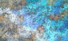 "Ocean's Edge" Mixed Media with textural rich blues, teal, grays, aqua, gold