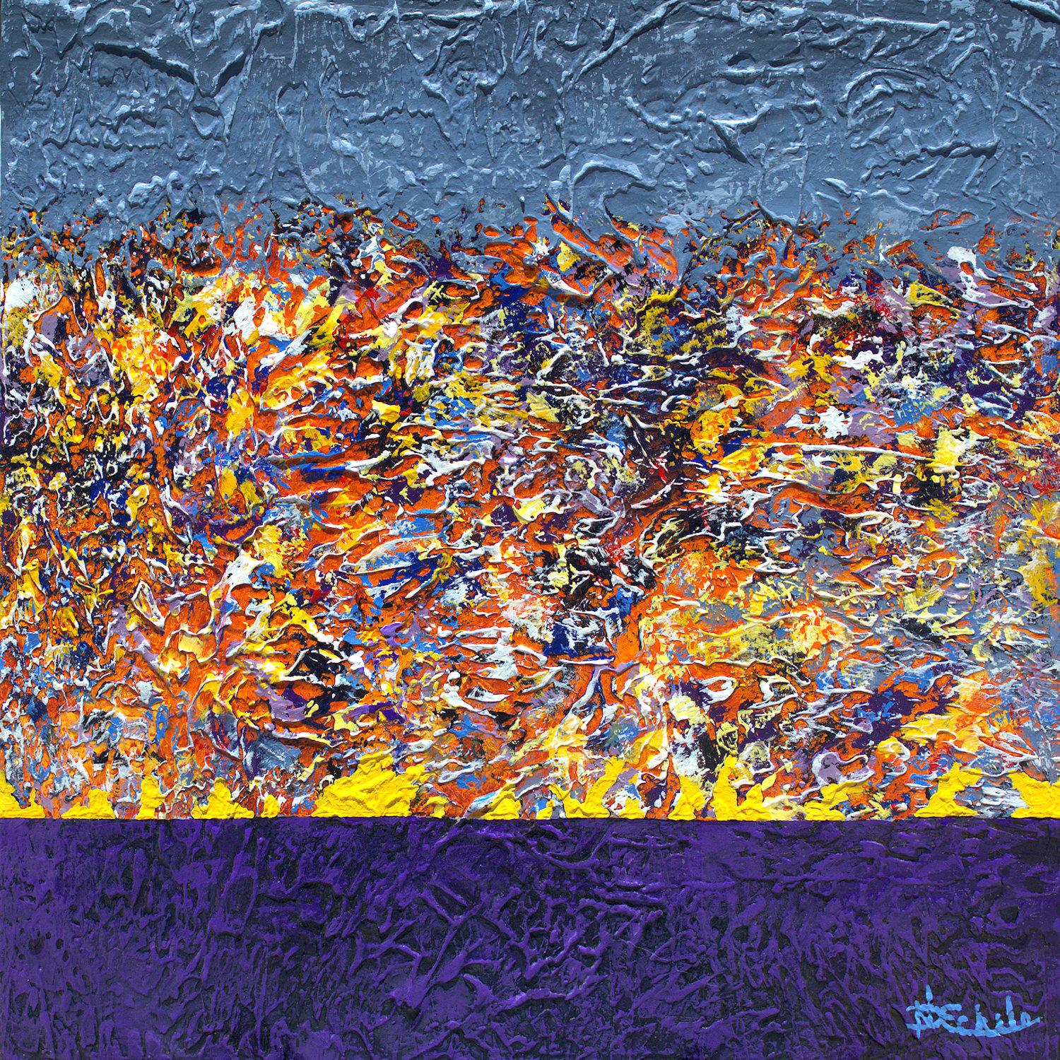 "Ode To Purple" Mixed Media abstract with textural purples, greys, yellow - Mixed Media Art by Nancy Eckels