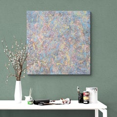 "Fiesta Pastel" técnica mixta abstracta con texturas azules, amarillas y lavanda