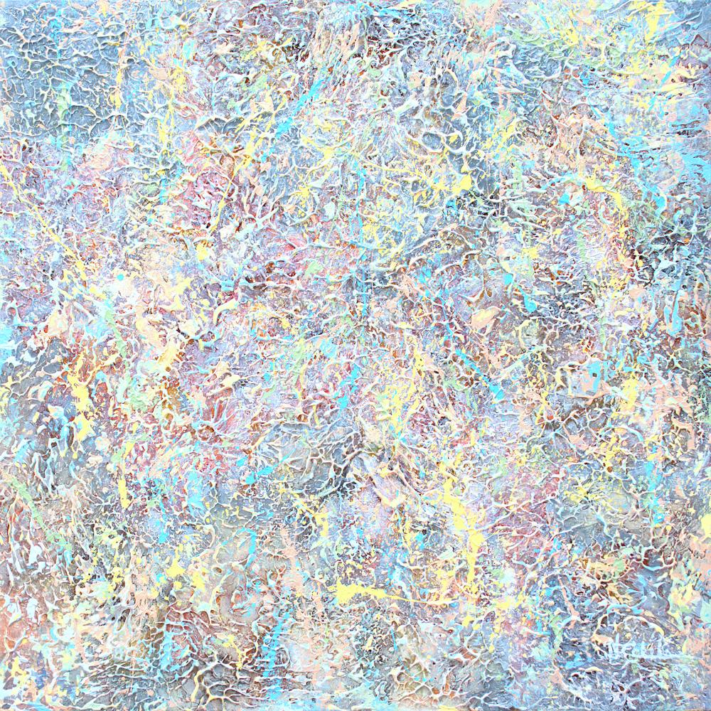 "Pastel Party" tecnica mista astratta con texture blu, gialle e lavanda - Mixed Media Art di Nancy Eckels