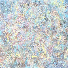 "Pastel Party" mixed media abstract with textural blues, yellow, and lavender