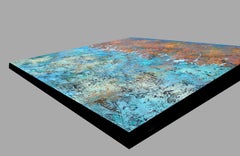 "Pele Chills" Mixed Media abstract with textural greens, blues, reds, gold