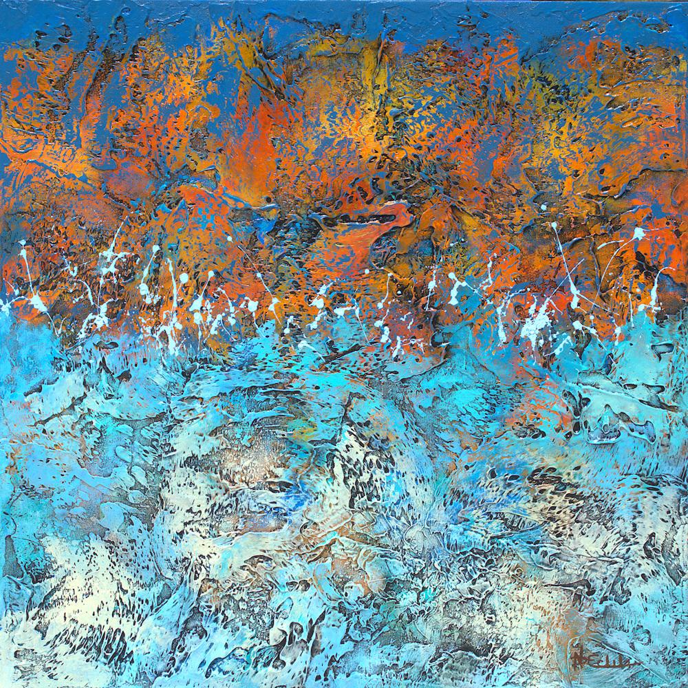 "Pele Chills" Mixed Media abstract with textural greens, blues, reds, gold