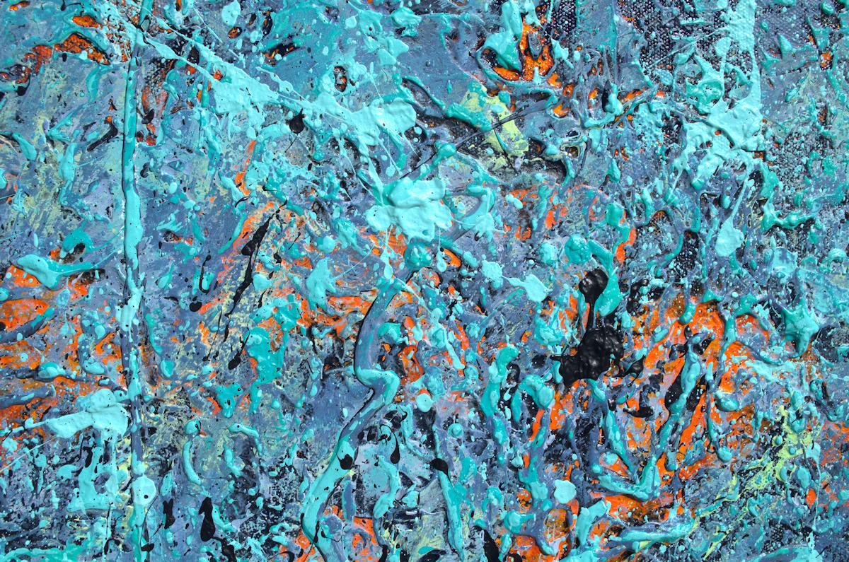 „Pond Memories“ Abstrakte Mischtechniken mit strukturierten Blau-, Lavendel- und Aquatönen (Abstrakter Expressionismus), Painting, von Nancy Eckels
