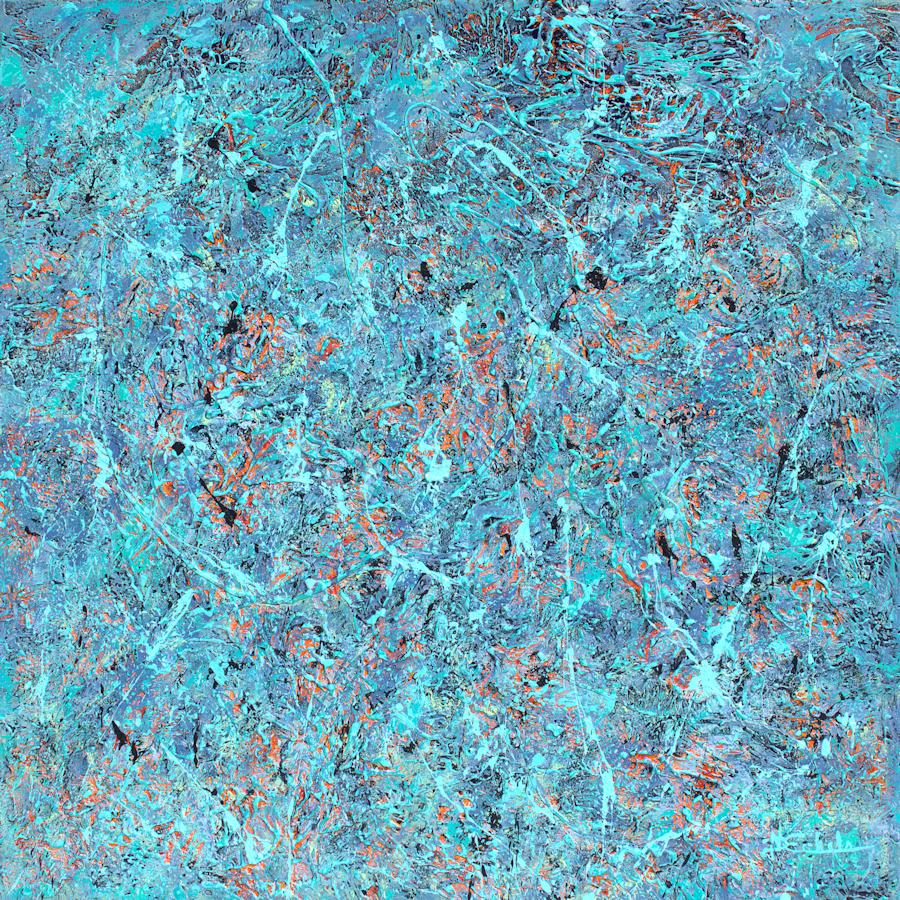 Nancy Eckels Abstract Painting - "Pond Memories" mixed media abstract with textural blues, lavender, and aquas