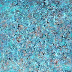 "Pond Memories" mixed media abstract with textural blues, lavender, and aquas