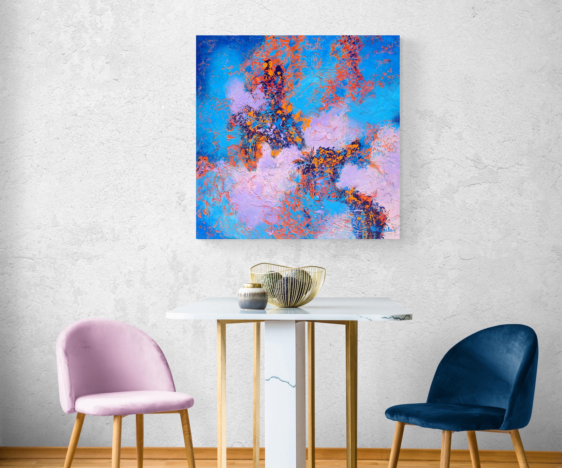 „Pop and Pastel“ Abstrakte Mischtechnik abstrakt mit strukturiertem Blau, Orange und Lavendel – Painting von Nancy Eckels