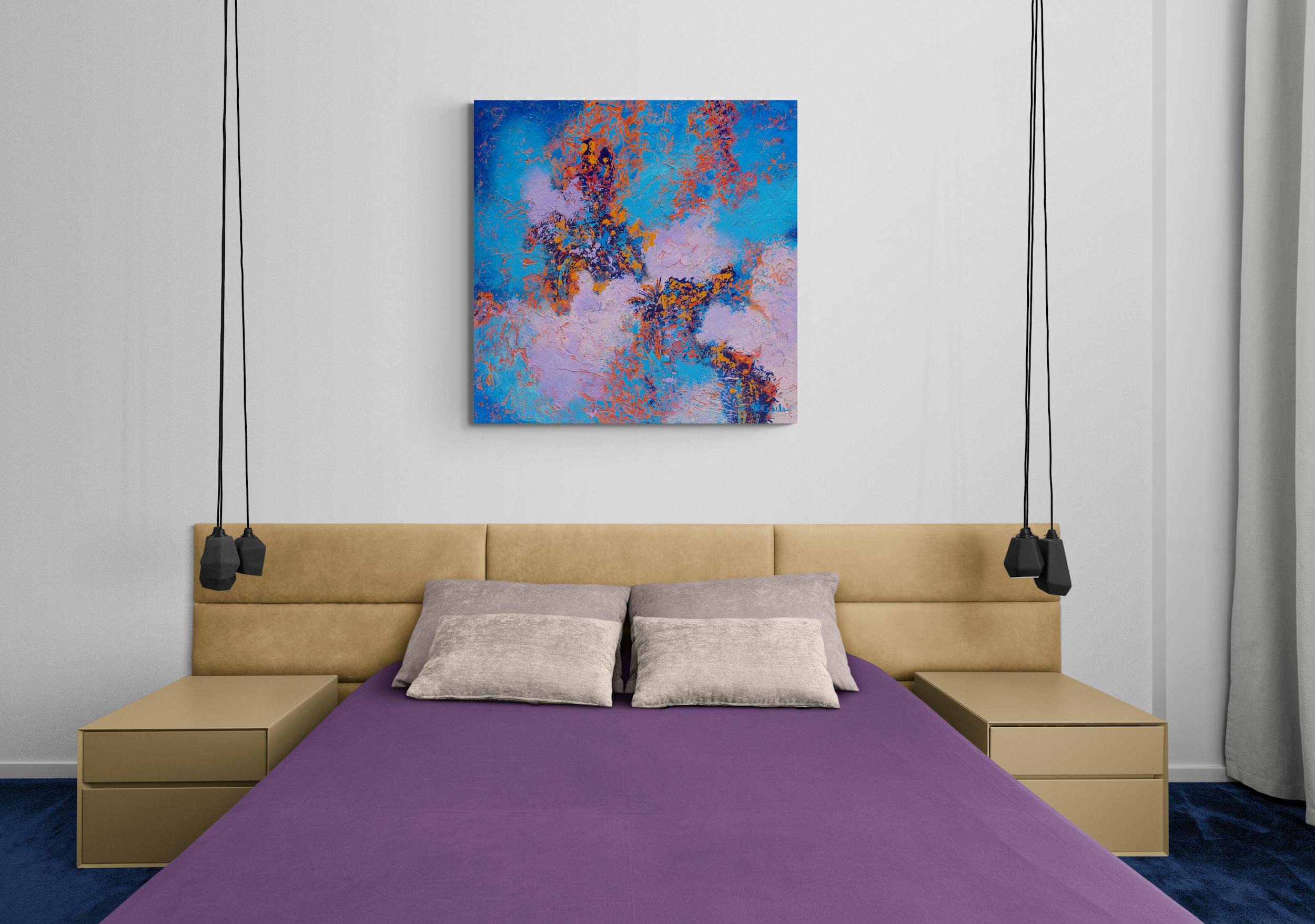 „Pop and Pastel“ Abstrakte Mischtechnik abstrakt mit strukturiertem Blau, Orange und Lavendel (Abstrakter Expressionismus), Painting, von Nancy Eckels