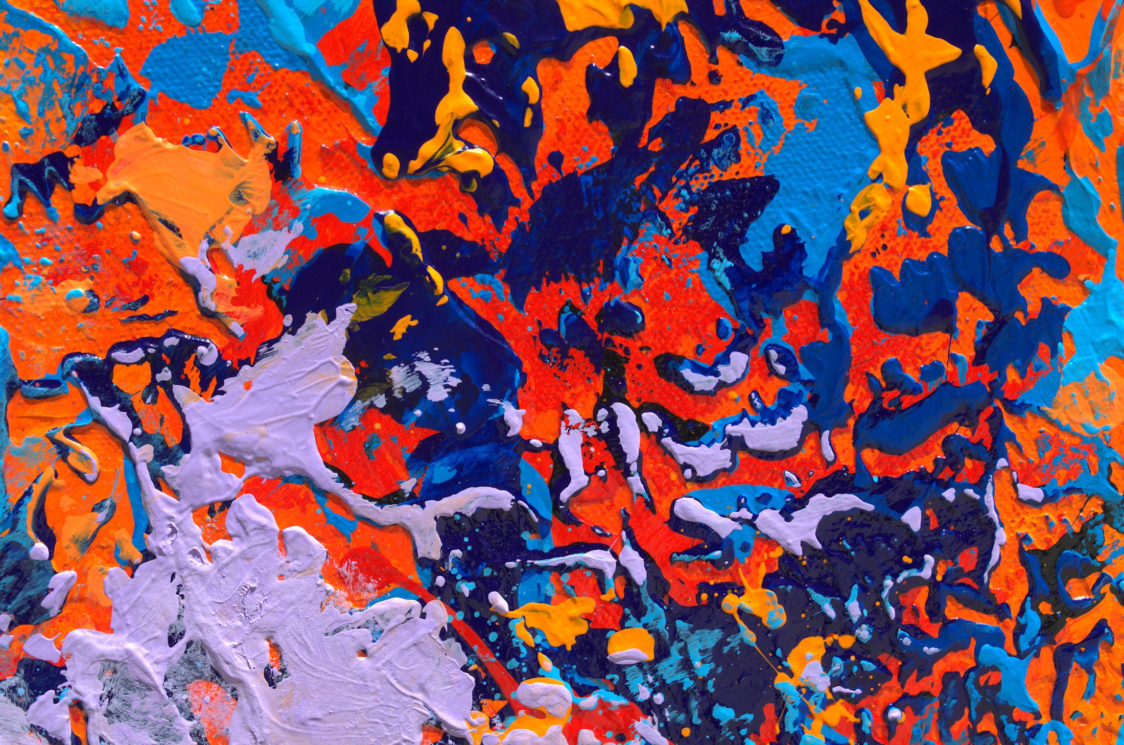 „Pop and Pastel“ Abstrakte Mischtechnik abstrakt mit strukturiertem Blau, Orange und Lavendel im Angebot 1