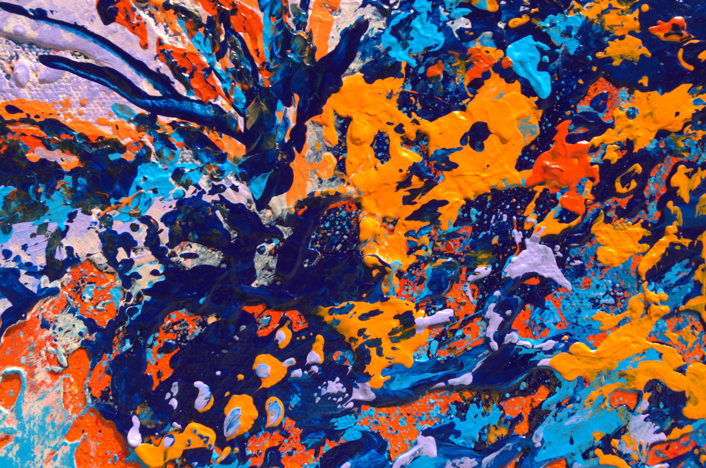 „Pop and Pastel“ Abstrakte Mischtechnik abstrakt mit strukturiertem Blau, Orange und Lavendel im Angebot 2