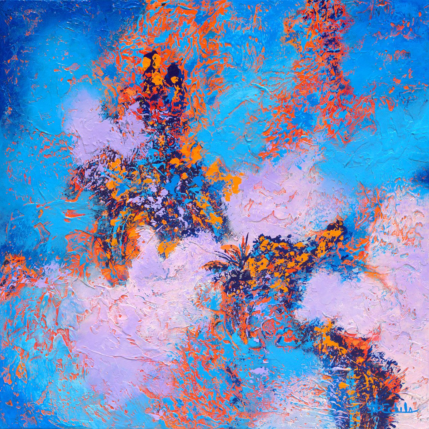 Nancy Eckels Abstract Painting - "Pop and Pastel" Mixed Media abstract with textural blues, orange, and lavender